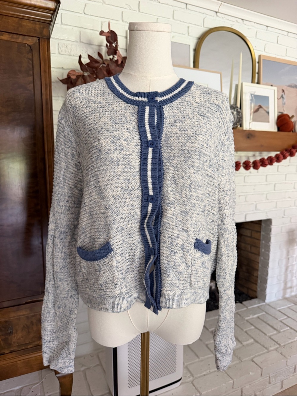 aerie Heather Gray Cardigan with Blue Trim